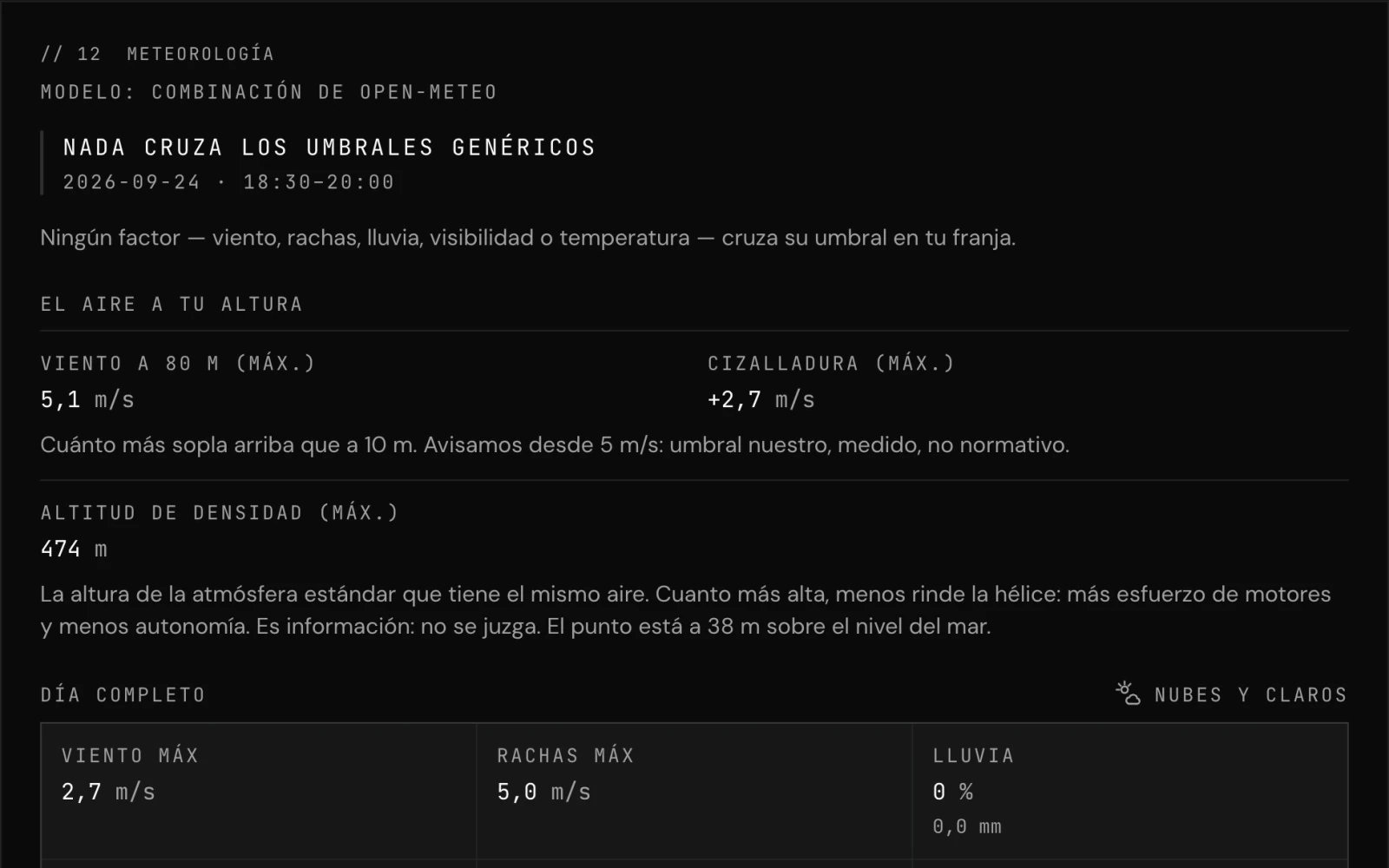 Captura del estudio: la meteorología de un rodaje de demostración, con el viento a 80 m, la cizalladura y la altitud de densidad de la franja