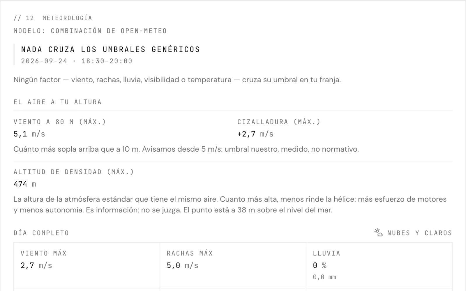 Captura del estudio: la meteorología de un rodaje de demostración, con el viento a 80 m, la cizalladura y la altitud de densidad de la franja