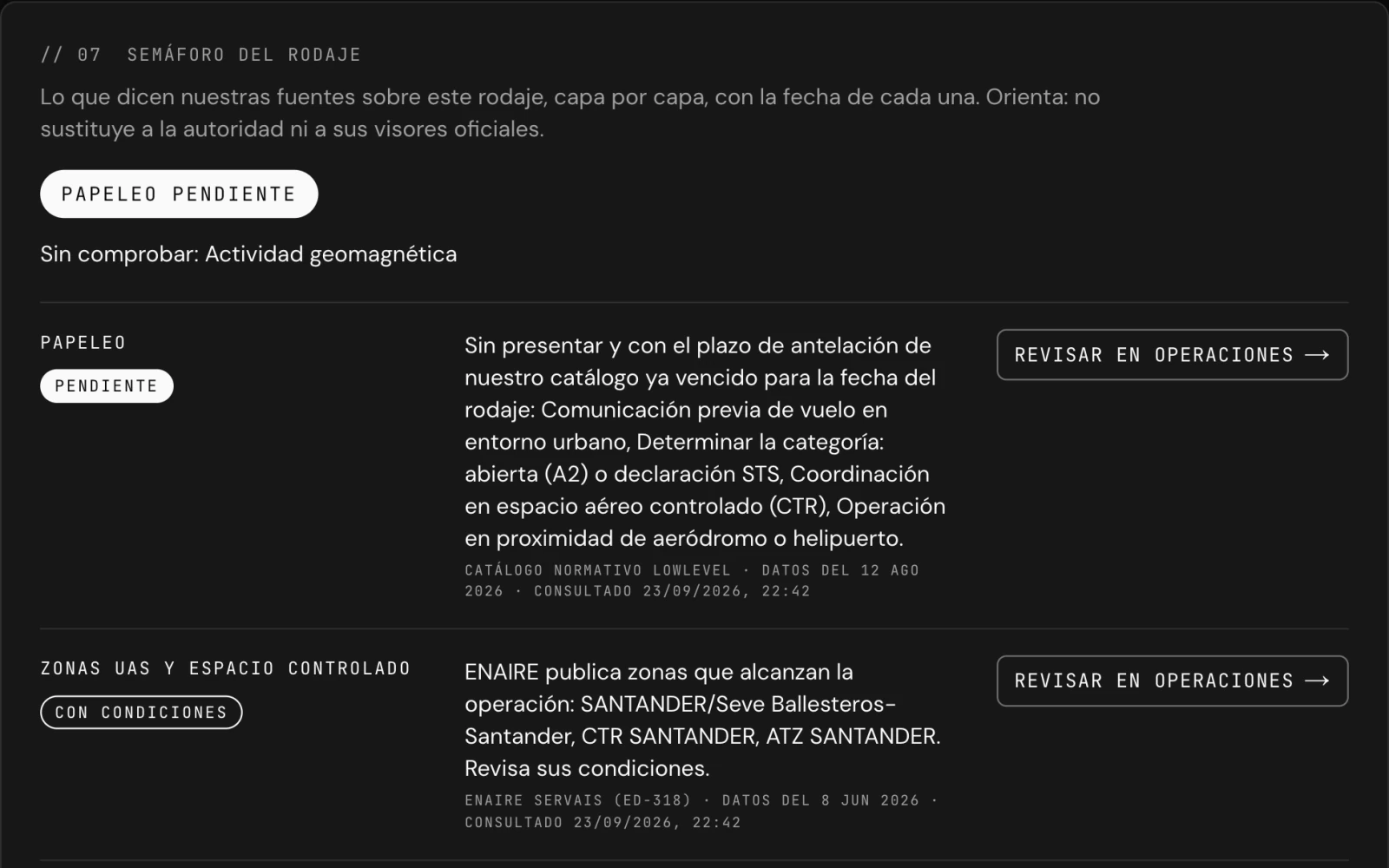 Captura del estudio: el semáforo de un rodaje de demostración en la península de la Magdalena, con el papeleo pendiente y las zonas de ENAIRE que alcanzan la operación