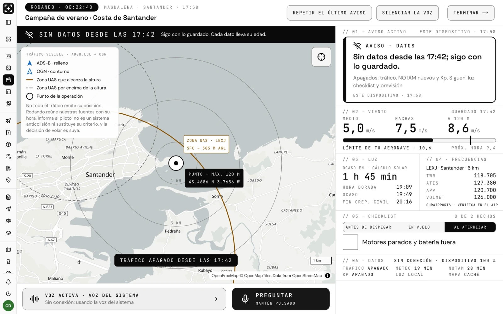 Captura de Rodando sin conexión: la banda «Sin datos desde las 17:42», el aviso de que el tráfico, los NOTAM nuevos y el Kp están apagados, y el viento y la luz con su hora guardada